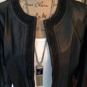 Chico’s Black Leather Jacket with Black Bead Trim